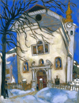 Église couverte de neige contemporain Marc Chagall Peinture à l'huile